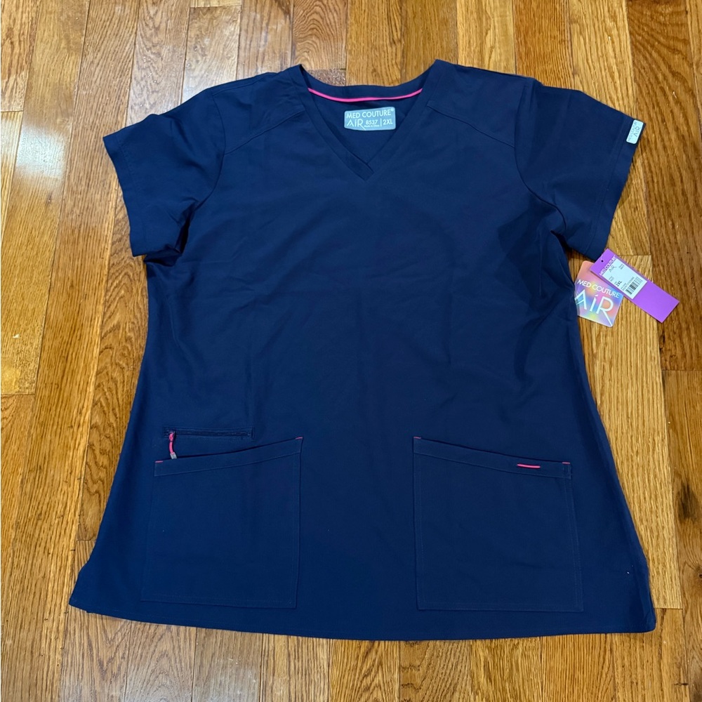 Med Couture Navy and Pink Trim Scrub Top